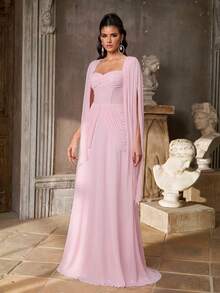 Aureia Elegant Luxurious Strapless Ruched Slimming Concealing Side Boob Slimming Fitted A-Line Trailing Evening Gown Suitable For Attending Parties, Balls, Birthdays, Gatherings, Award Ceremonies, Formal Ladies Dinner Dress (Heavy Workmanship Dress) - Baby Pink - View 9
