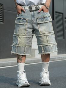 Manfinity EMRG Men's Street Style Casual Multi-Pocket Patchwork Raw Hem Blue Plus Size Cargo Denim Shorts - Light Wash - View 7