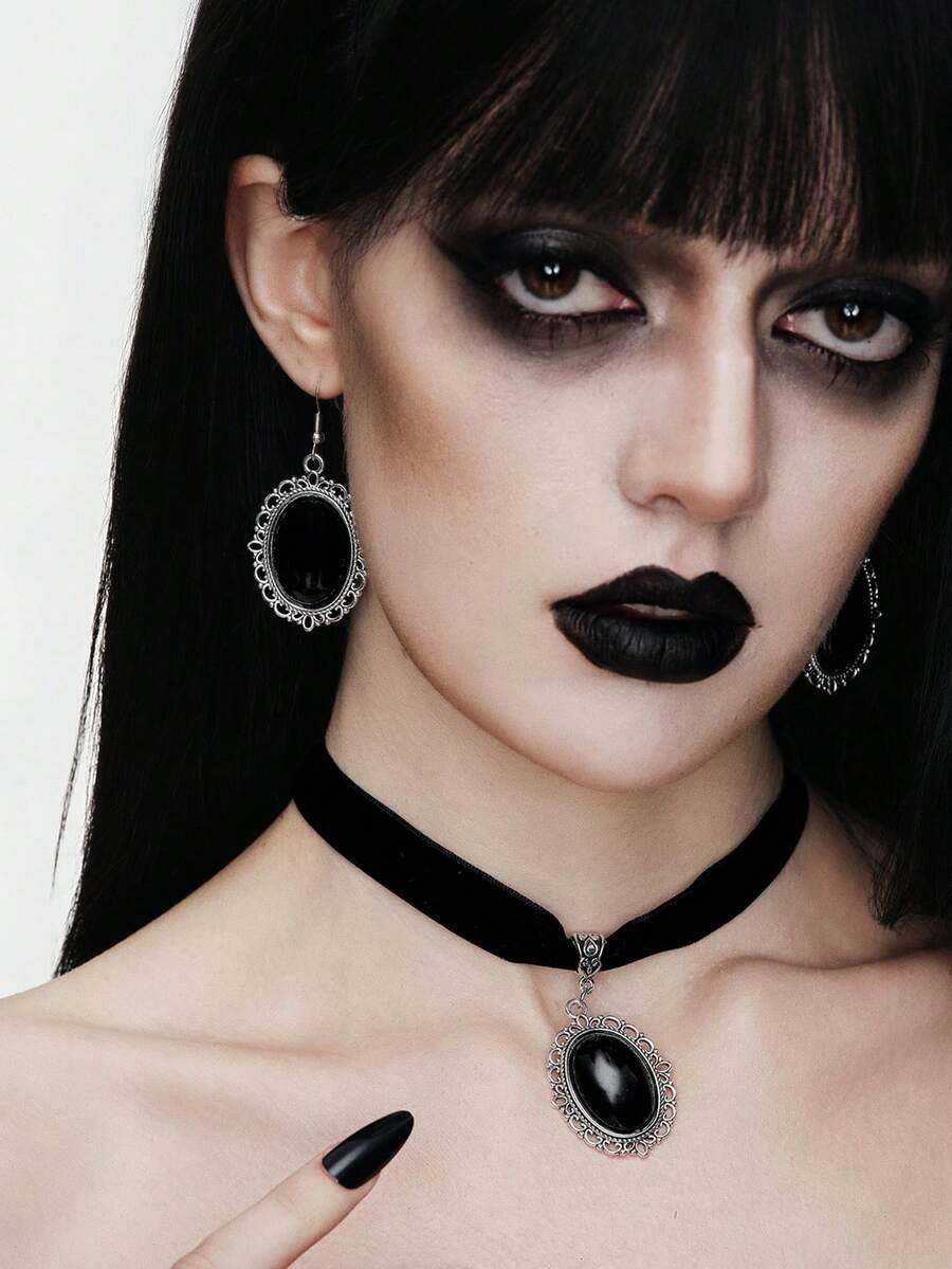 MortiRose 3pcs Gothic Style Black Gem Choker Necklace, Pendant & Earrings Set For Women, Retro Punk Jewelry - Multicolor - View 1