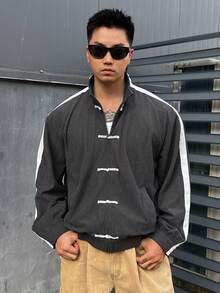 DAZY Chaqueta gris de manga larga con contraste blanco en la solapa, diseño de cremallera y botones para hombres en otoño - Gris - Ver 4