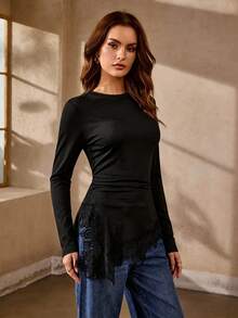 Selianne Cotton Black Lace Patchwork Asymmetrical T-Shirt, Slim Fit, Side Ruched, Round Neck, Long Sleeve, Minimalist Casual Elegant Autumn Night Out - Black - View 3