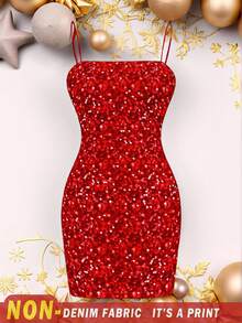 SHEIN EZwear 休閒聖誕紅色亮片印花極簡女款細肩帶貼身迷你洋裝 - 白色 - 查看 1