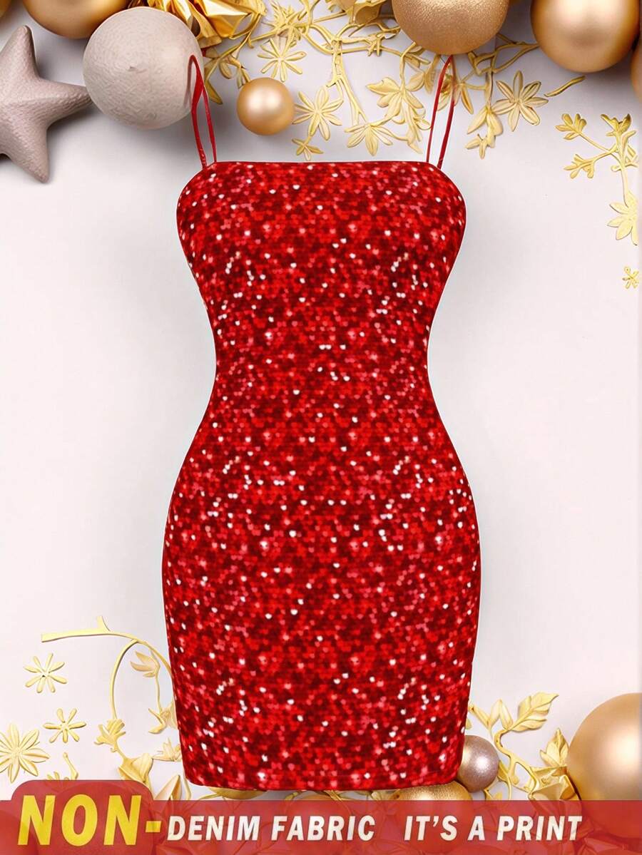 SHEIN EZwear 休閒聖誕紅色亮片印花極簡女款細肩帶貼身迷你洋裝 - 白色 - 查看 1