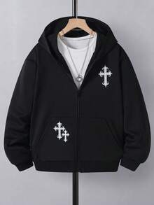 SHEIN Tween Boy Cross Print Sweatshirt - Black - View 1