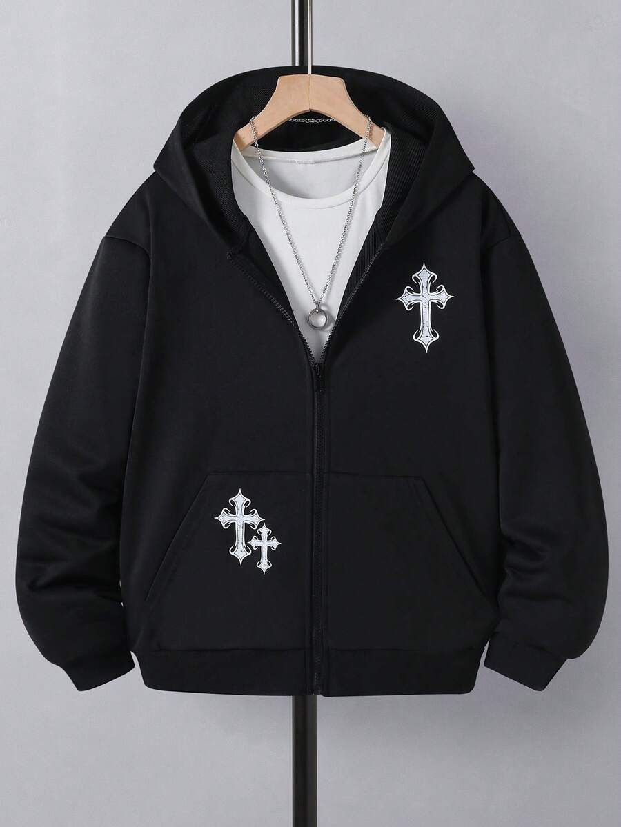 SHEIN Tween Boy Cross Print Sweatshirt - Black - View 1