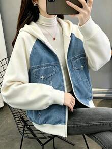 INAWLY Women's Raglan Long Sleeve Patchwork Denim Effect Print Zipper Front Drawstring Hooded Sweatshirt - Multicolor - View 4