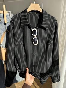 SHEIN EZwear Plus Size Women's Striped Casual Versatile Daily Wear Shirt Fall - Black and White - View 4