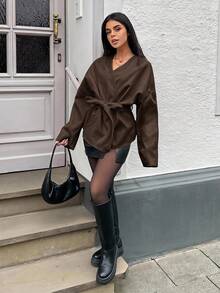 MainGRL Lace-Up Overcoat, Minimalist Fashion Casual Everyday In Fall/Winter - Brown - View 5