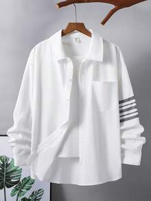 SHEIN Teen Boy Teen Boys Casual Striped Print Basic Collared Long-Sleeve Shirt Suitable For The Fall Back-To-School Season, Preppy Style, White - White - View 3