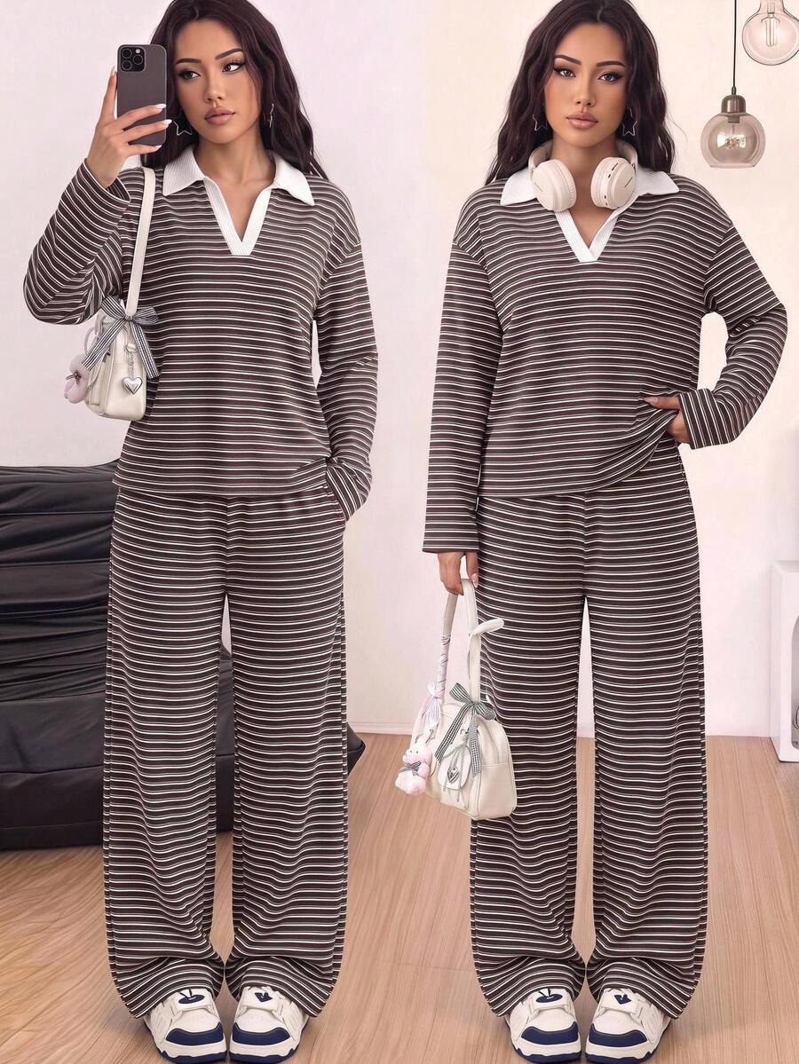 SHEIN 青少年女孩秋季復古歐美風 POLO 領拼接撞色條紋寬鬆休閒學院風長袖 T 恤與寬鬆直筒長褲 2 件套,適合日常休閒通勤百搭,返校穿搭 - 咖啡棕 - 查看 1