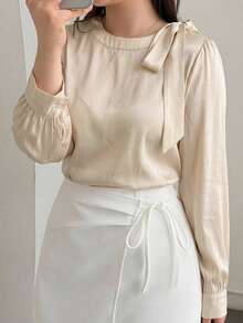 Dazy Plus Solid Color Fitted Round Neck Long Sleeve Bow Elegant Formal Spring Autumn Blouse - Baby Pink - View 5