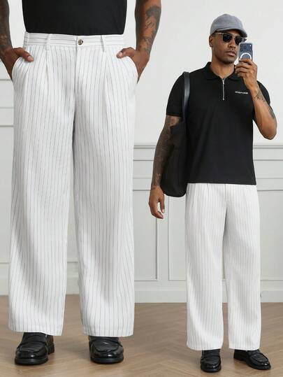 HUEFORM Men's Off-White Pinstripe High-Waist Double Pleated Wide Leg Trousers, Draped Loose Fit Extra Long Floor-Length French Vintage Commuter Casual Suit Pants