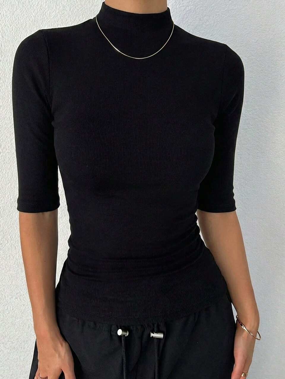 Women's Slim Fit Mock Neck Pullover 5-Sleeve T-Shirt