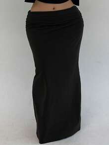Dazy Plus Spring/Autumn Black Pleated Low Waist Side Slit Extra Long Plus Size Skirt - Black - View 3
