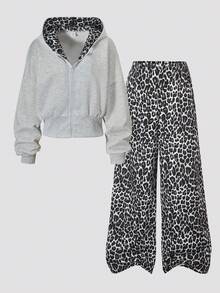 SHEIN 2件組青少年女孩灰色花卉連帽拉鍊開襟外套，寬落肩、羅紋腰部，時尚休閒設計運動衫搭配寬鬆舒適寬腿長褲套裝，休閒運動學院風，適合戶外、室內、運動、派對、學校及任何場合，春/秋/冬 - 彩色 - 查看 1