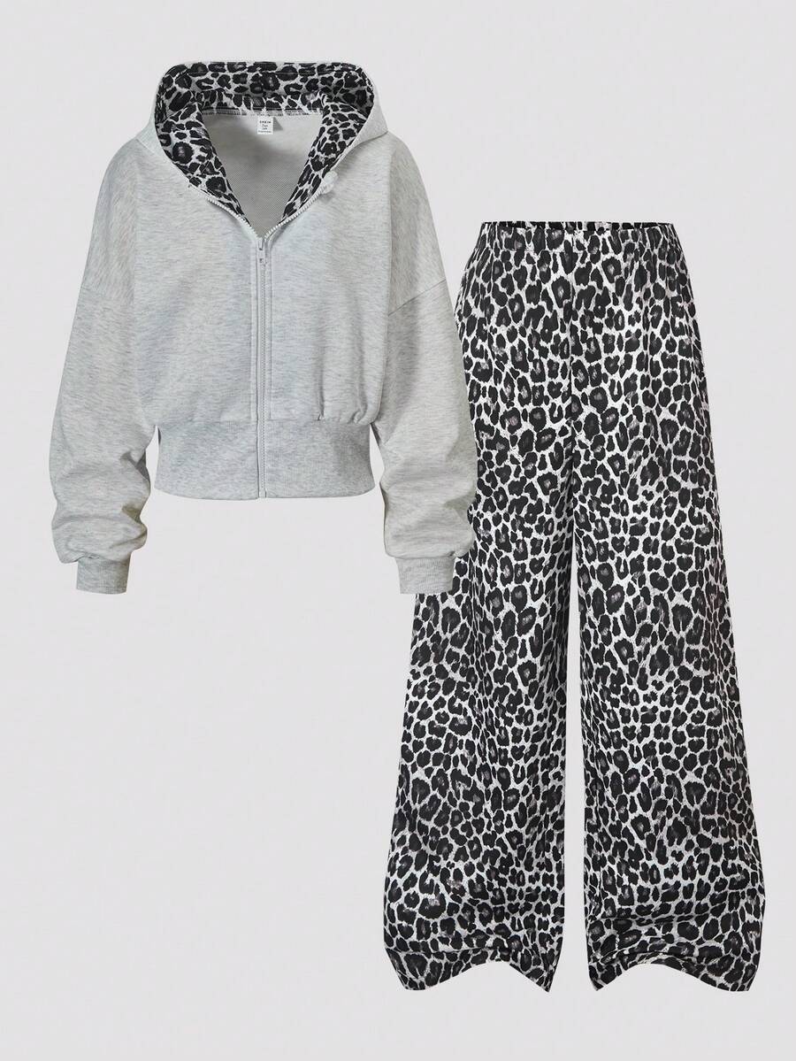 SHEIN 2件組青少年女孩灰色花卉連帽拉鍊開襟外套，寬落肩、羅紋腰部，時尚休閒設計運動衫搭配寬鬆舒適寬腿長褲套裝，休閒運動學院風，適合戶外、室內、運動、派對、學校及任何場合，春/秋/冬 - 彩色 - 查看 1