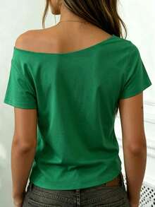 INAWLY Women's Solid Color Fitted Cropped Asymmetric Shoulder Short Sleeve T-Shirt - Green - View 2