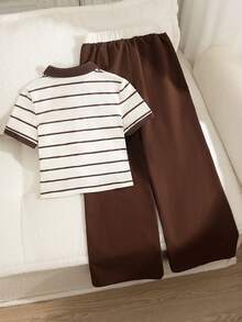 SHEIN 2pcs/Set Teen Short Sleeve & Long Pants Outfit, Pink Bow Ribbon, Suitable For Spring/Summer, Sports & Commute - Multicolor - View 2