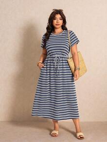 Elaquor Plus Size Vacation Casual Navy Blue Dress Vacation Summer - Navy Blue - View 7