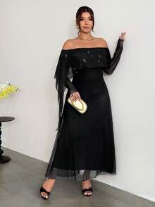 Firerie Plus Size Cold Shoulder Black Mesh Sequin Patchwork Cinched Waist Flared Mermaid Maxi Dress/Party Cocktail Formal Autumn Elegant Fall - Black - View 1