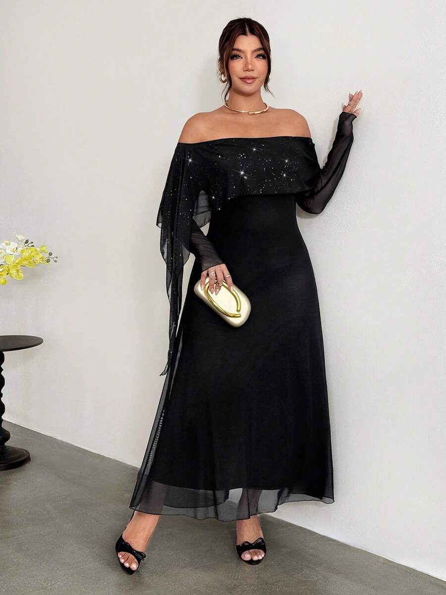 Firerie Plus Size Cold Shoulder Black Mesh Sequin Patchwork Cinched Waist Flared Mermaid Maxi Dress/Party Cocktail Formal Autumn Elegant Fall - Black - View 1