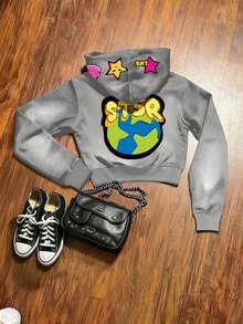 IslaSuriya Sudadera con capucha con bolsillos, con estampado de estrella de cinco puntas, con cremallera y corta - Gris - Ver 2