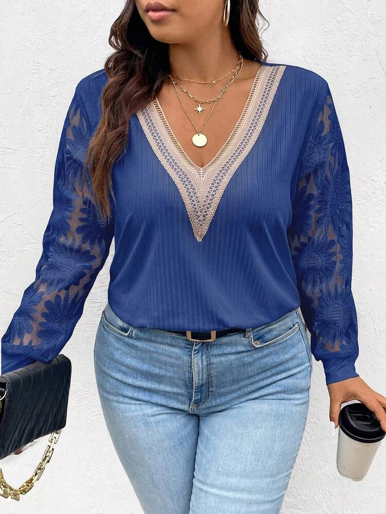 SHEIN Frenchy Plus Size Autumn Casual Jacquard Patchwork Long Sleeve T-Shirt Fall - Blue - View 3