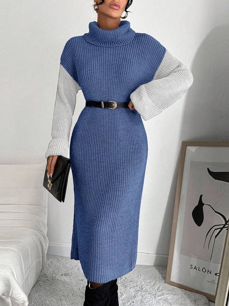 EURMUSE Women's Casual Contrast Color Dropped Shoulder Long Sleeve Knitted Sweater Dress, Autumn/Winter - Navy Blue - View 1