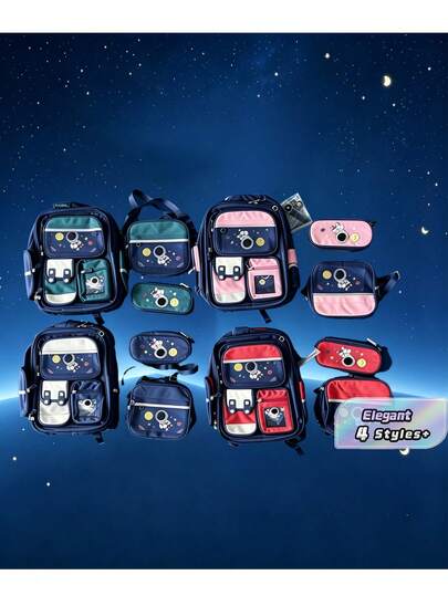 Combinación de tres piezas de bolso de hombro de astronauta, con bolso diagonal y el mismo estuche de lápices, gran capacidad, multicompartimento, particionado para satisfacer diferentes necesidades, con colgantes, preferido para la temporada escolar