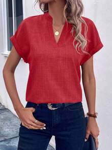 EMERY ROSE Summer Casual Solid Color Notch Collar Shirt - Red - View 4