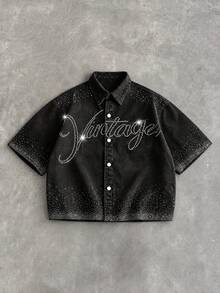 Manfinity VCAY Men's Casual Washed Rhinestone Denim Shirt Streetwear Y2K - Black - View 5