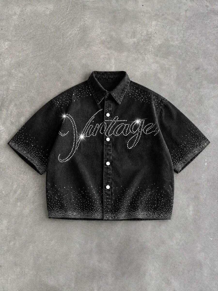 Manfinity VCAY Men's Casual Washed Rhinestone Denim Shirt Streetwear Y2K - Black - View 1