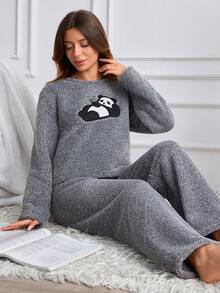 SHEIN Grey Fuzzy Plush Cute Panda Applique Embroidery Cozy Winter Homewear Pajama Set - Grey - View 7