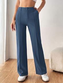 SHEIN EZwear Women's Solid Straight Suit Pants In Fall/Winter - Dusty Blue - View 3