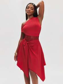 NYA SZN Dress Mini Length One Shoulder Lace Handkerchief Hem High Low Casual Brunch Date Night Summer Red Outfits For Women - Multicolor - View 7