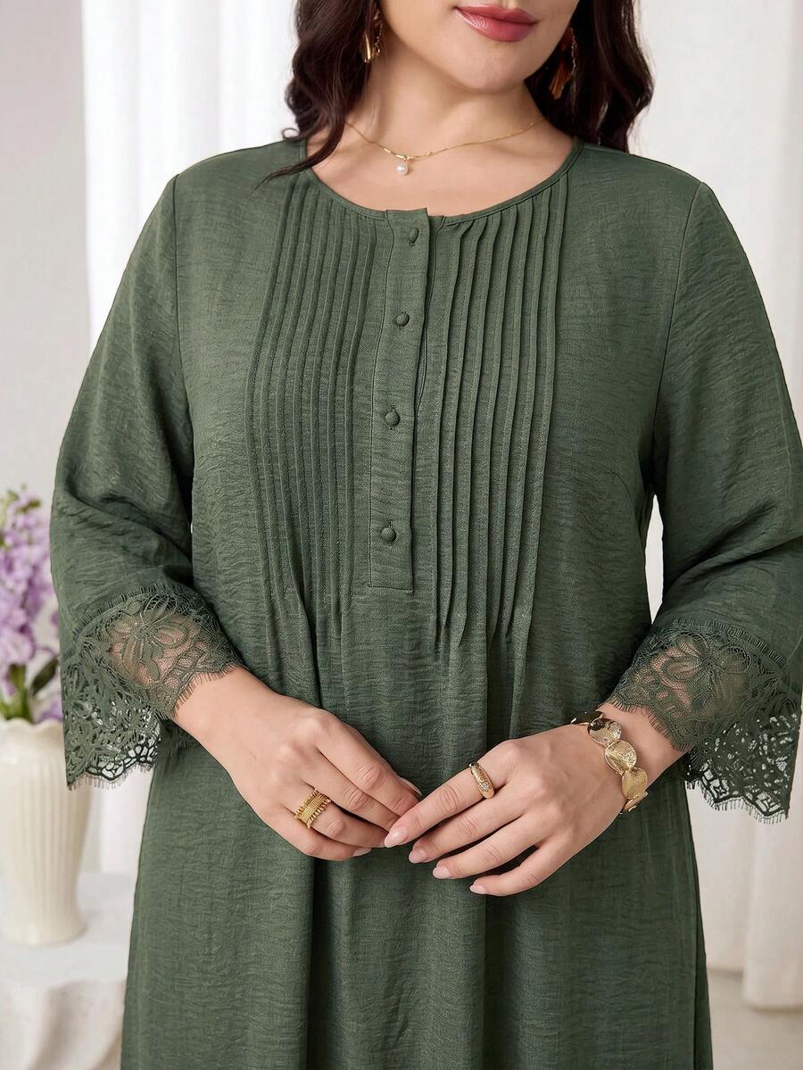 Al Najma Plus Size Women's Green Button Design Lace Cuff Elegant Arabian Dress - Army Green - View 1