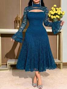 Feyla Plus Size Women's Elegant Lace Dress With Stand Collar, Flared Sleeves And Cutout Design - Teal Blue - View 2