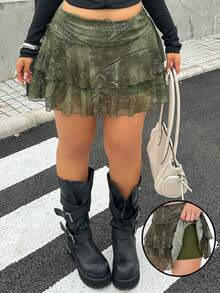 Muchica Falda línea A de talla grande con detalle de cordón lateral, ropa de primavera y verano - Verde - Ver 1