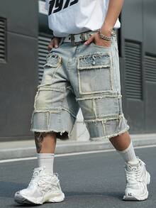 Manfinity EMRG Men's Street Style Casual Multi-Pocket Patchwork Raw Hem Blue Plus Size Cargo Denim Shorts - Light Wash - View 4