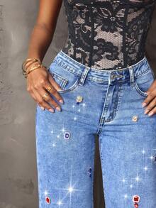 SHEIN SXY Women's Casual Daily Denim Jeans With Pocket, Button And Colorful Rhinestone Decoration - Blue - View 3