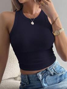 DAZY Women's Slim Fitted Solid Color Tank Top, Summer - Navy Blue - View 9