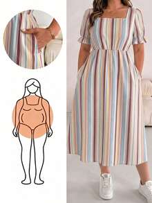 SHEIN Essnce Vestido de talla grande con rayas, bloques de color, cuello cuadrado y bolsillo - Multicolor - Ver 1