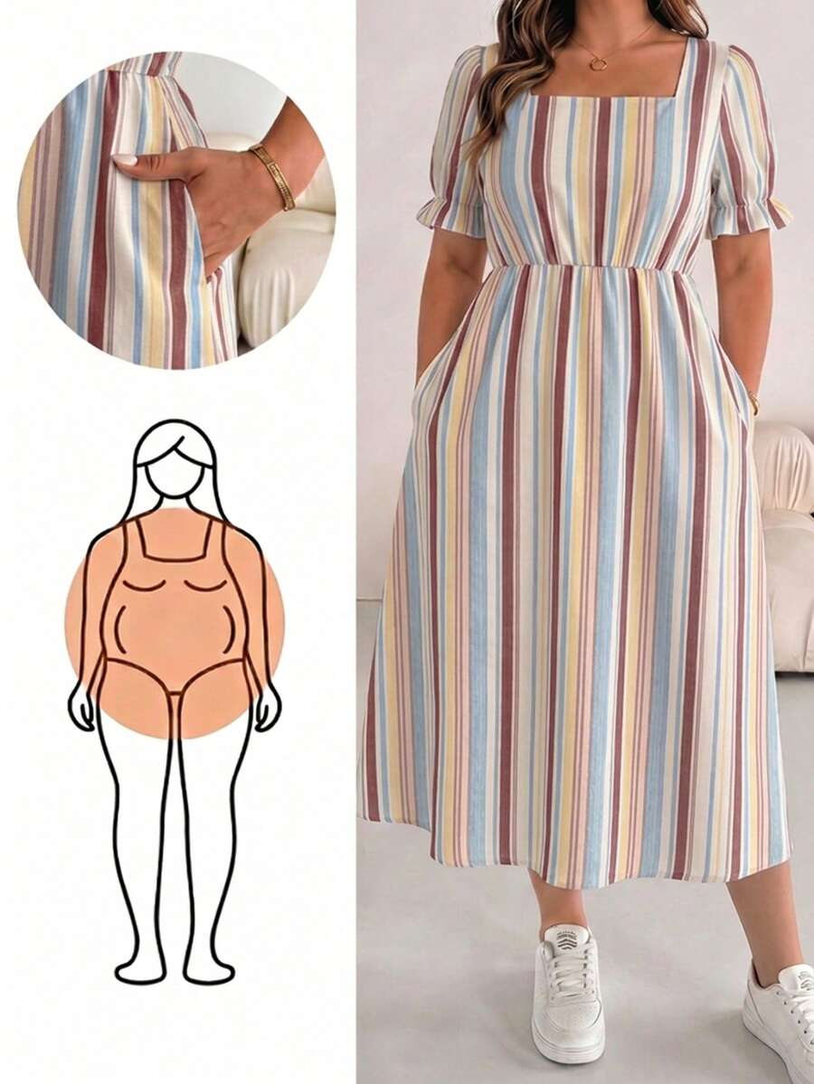 SHEIN Essnce Vestido de talla grande con rayas, bloques de color, cuello cuadrado y bolsillo - Multicolor - Ver 1