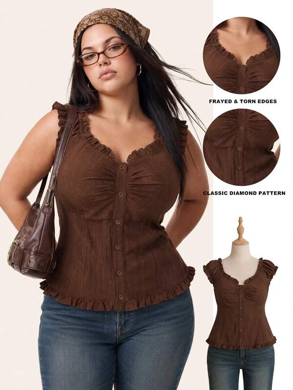Comfortcana Plus Size Women's Frill Trim Pleated Single-Breasted Casual Medieval 1920s 90s Shirt Oktoberfest Vacation Beach Chocolate Brown Summer