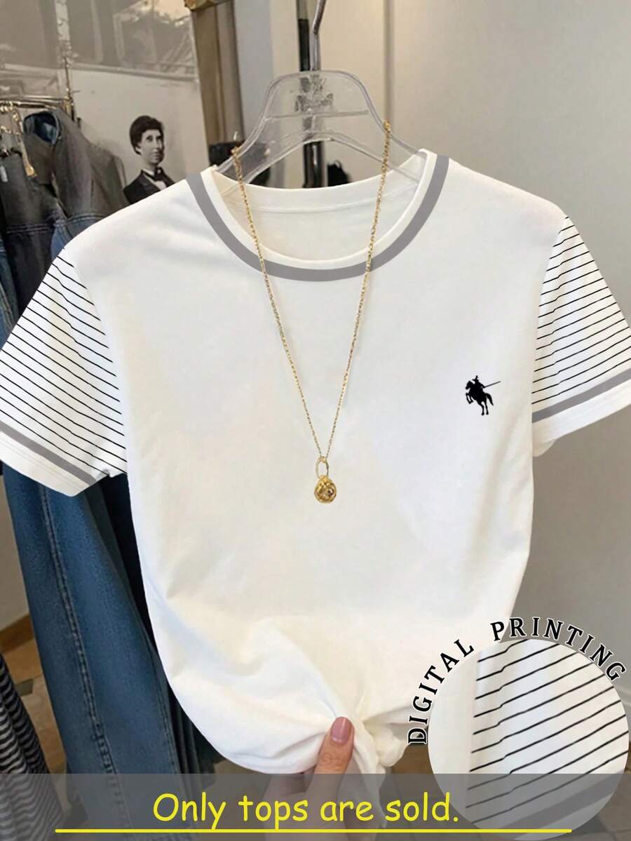 SHEIN Women's Round Neck Short Sleeve Casual Striped T-Shirt, Versatile For Daily Wear, Summer - White - View 1