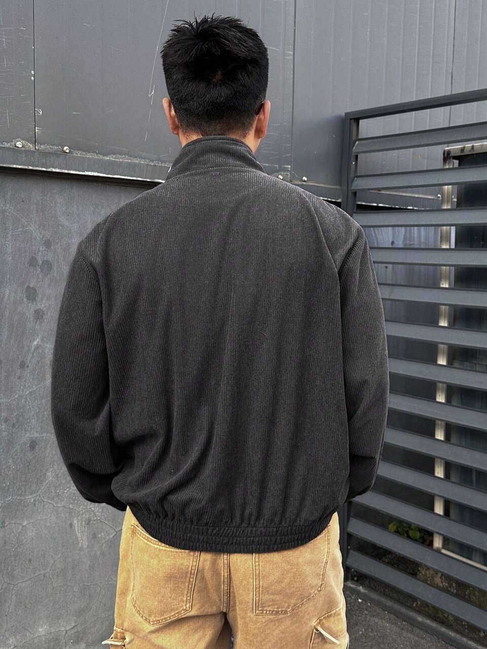 Grey Long Sleeve Jacket With White Contrast Placket, Zipper And Button Design For Men