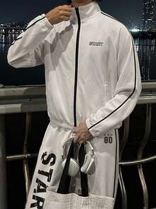 DAZY Spring/Autumn White Side-Seam Contrast Tape Letter Print Pants Elastic Waist Men's Jacket Set - White - View 3