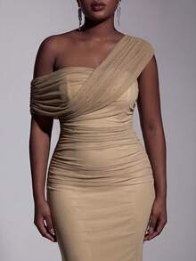 Elitara Plus Size Elegant Romantic Mesh One Shoulder Ruched Decor Fitted Bodycon Long Evening Dress For Women, Wedding Events, All Formal Occasions, Bridesmaid Dress - Khaki - View 4