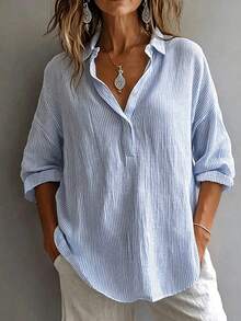 Breezaya Plus Size Women's Striped Drop Shoulder Sleeve Button Half Placket Casual Shirt - Blue - View 1