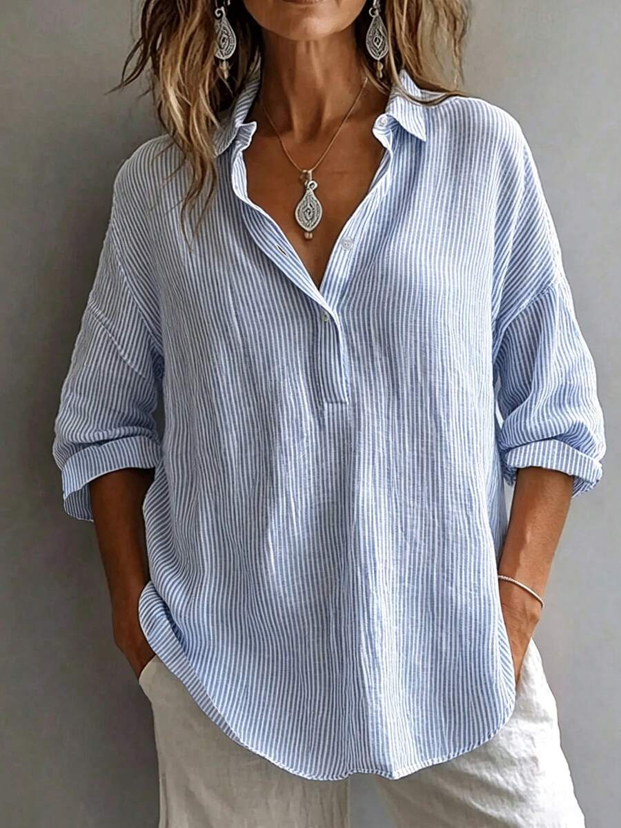 Breezaya Plus Size Women's Striped Drop Shoulder Sleeve Button Half Placket Casual Shirt - Blue - View 1